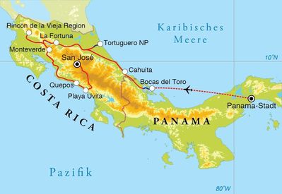 Routenverlauf Rundreise Costa Rica & Panama, 22 Tage 