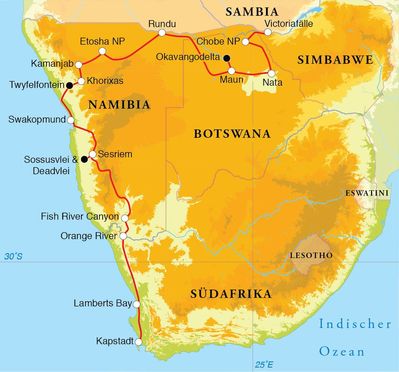 Routenverlauf Rundreise Südafrika, Namibia, Botswana & Simbabwe, 24 Tage Hotel- & Lodgesafari