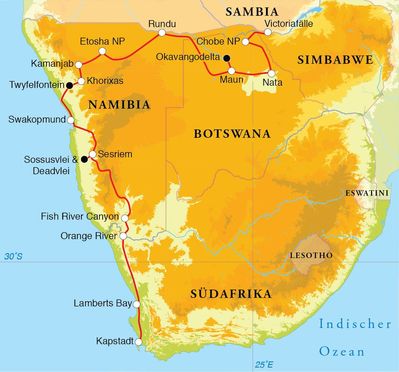 Routenverlauf Rundreise Südafrika, Namibia, Botswana & Simbabwe, 24 Tage Hotel- & Lodgesafari Routenverlauf Rundreise Südafrika, Namibia, Botswana & Simbabwe, 24 Tage Hotel- & Lodgesafari