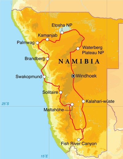 Routenverlauf Rundreise Namibia, 21 Tage Hotel- & Lodgesafari