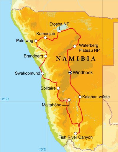 Routenverlauf Rundreise Namibia, 21 Tage Hotel- & Lodgesafari Routenverlauf Rundreise Namibia, 21 Tage Hotel- & Lodgesafari
