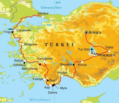 Routenverlauf Rundreise Türkei, 16 Tage Routenverlauf Rundreise Türkei, 16 Tage