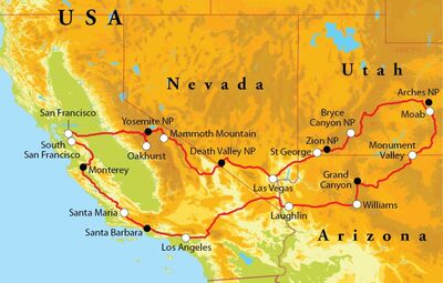 Routekaart Rundreise USA - der Westen, 21 Tage