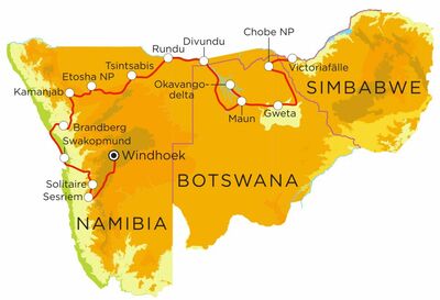 Routekaart Familienreise Namibia, Botswana & Simbabwe, 22 Tage Routekaart Familienreise Namibia, Botswana & Simbabwe, 22 Tage