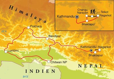 Routekaart Rundreise Nepal, 16 Tage