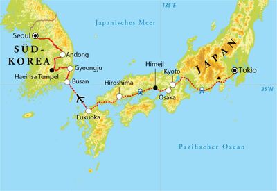 Routekaart Rundreise Japan & Südkorea, 22 Tage