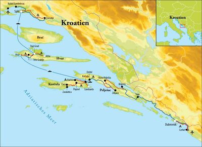 Routekaart Fahrradreise Kroatien, 9 Tage