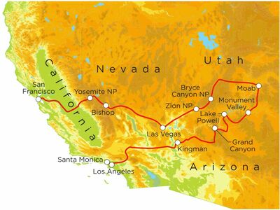 Routekaart Familienreise USA - der Westen, 21 Tage Routekaart Familienreise USA - der Westen, 21 Tage
