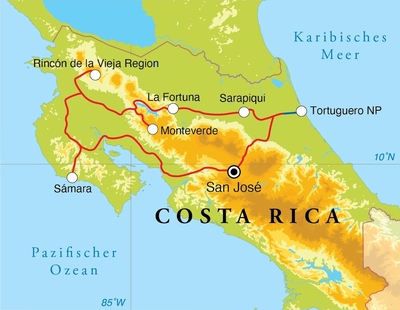Routekaart Rundreise Costa Rica 2 Wochen