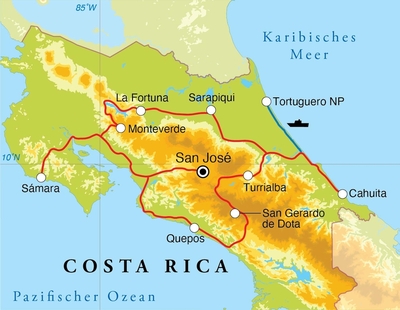Routekaart Rundreise Costa Rica 3 Wochen