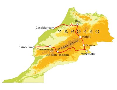 Routekaart Familienreise Marokko, 15 Tage Routekaart Familienreise Marokko, 15 Tage