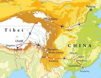 Routekaart Rundreise China & Tibet, 30 Tage Routekaart Rundreise China & Tibet, 30 Tage