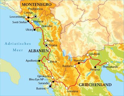 Routekaart Rundreise Montenegro, Albanien & Nord Griechenland, 18 Tage