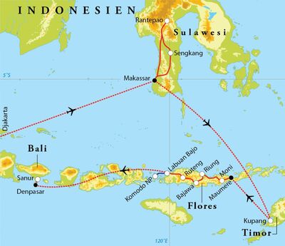 Routekaart Rundreise Indonesien: Sulawesi, Flores, Komodo NP & Bali, 22 Tage 
