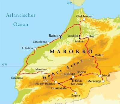 Routekaart Rundreise Marokko, 21 Tage