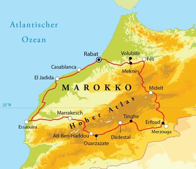 Routekaart Rundreise Marokko, 15 Tage Routekaart Rundreise Marokko, 15 Tage