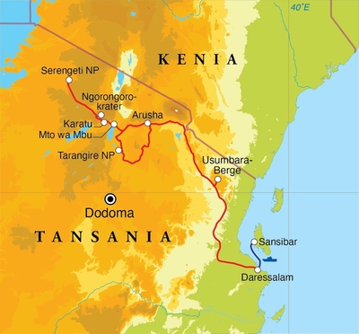 Routekaart Rundreise Tansania & Sansibar, 15 Tage Lodge- & Zeltsafari
