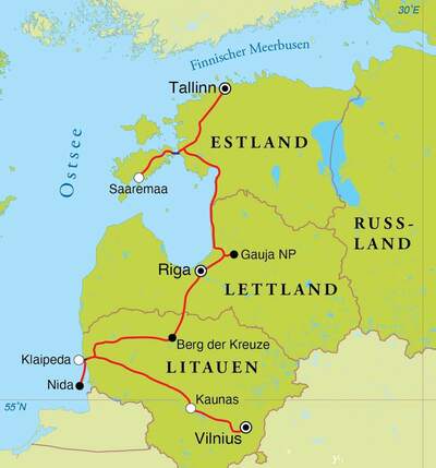 Routekaart Rundreise Baltikum, 12 Tage