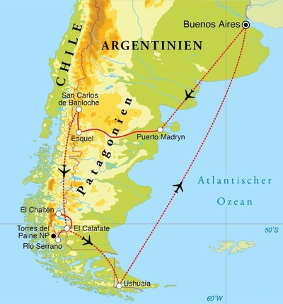 Routekaart Rundreise Argentinien & Chile, 23 Tage