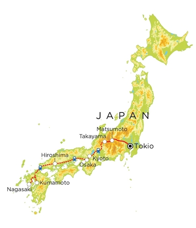 Routekaart Familienreise Japan, 21 Tage 