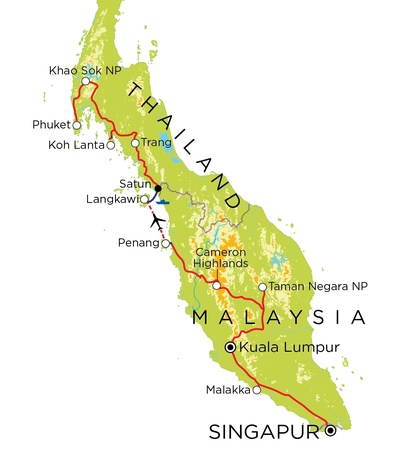 Routekaart Familienreise Singapur, Malaysia & Thailand, 21 Tage