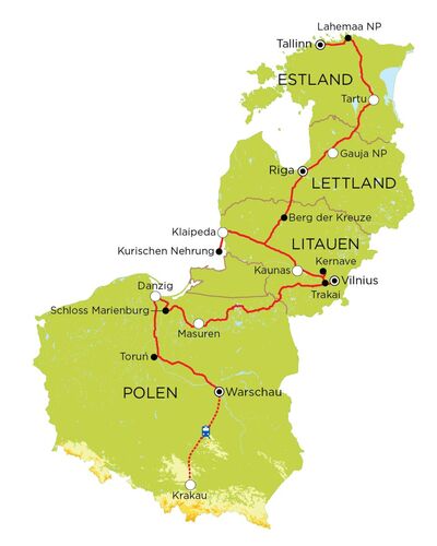 Routekaart Familienreise Baltikum & Polen, 20 Tage