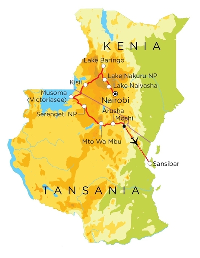 Routekaart Familienreise Kenia, Tansania & Sansibar, 21 Tage Routekaart Familienreise Kenia, Tansania & Sansibar, 21 Tage