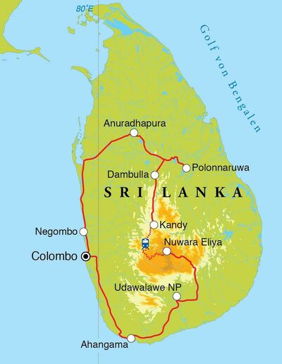 Routekaart Rundreise Sri Lanka, 15 Tage Routekaart Rundreise Sri Lanka, 15 Tage