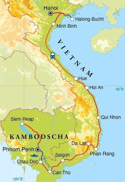 Routekaart Rundreise Vietnam & Kambodscha, 27 Tage Routekaart Rundreise Vietnam & Kambodscha, 27 Tage