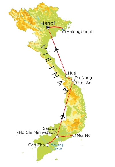 Routekaart Familienreise Vietnam, 15 Tage Routekaart Familienreise Vietnam, 15 Tage
