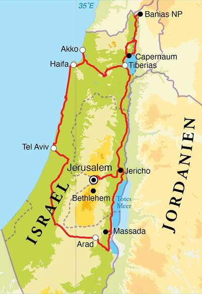 Routekaart Rundreise Israel, 12 Tage