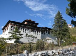 Der Paro Tempel neben Bäumen bei blauem Himmel, Sikkim Bhutan Rundreise