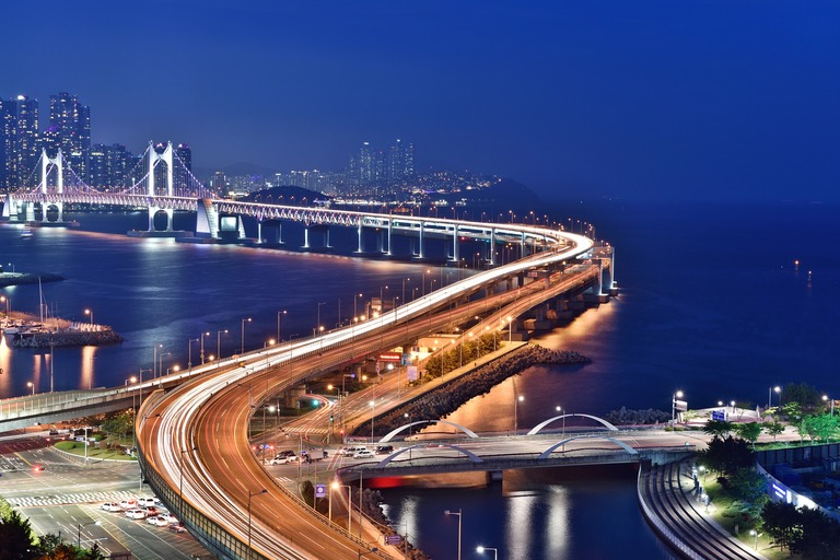 Busan, Nacht, Meer, Brücke